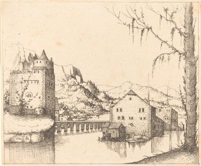 Rivierlandschap met eilandhuizen, 1545 door Augustin Hirschvogel