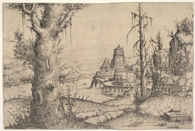 Rivierlandschap met grote boom aan de linkerkant, 1546 door Augustin Hirschvogel