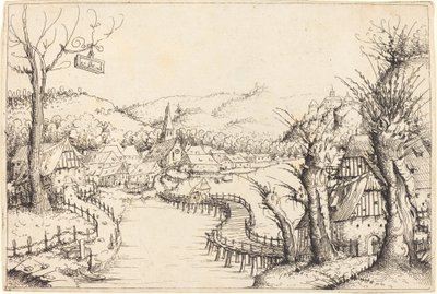Rivierlandschap met Houten Brug door Augustin Hirschvogel