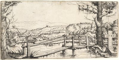 Rivierlandschap met een Voetbrug, 1546 door Augustin Hirschvogel
