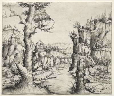 Rivierlandschap met rotsen links en rechts door Augustin Hirschvogel