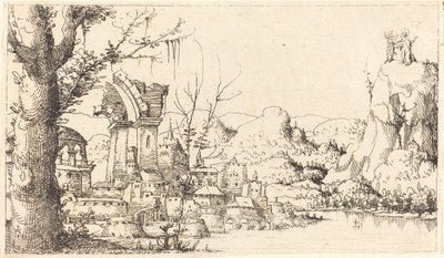 Rivierlandschap met de Verleiding van Christus door Augustin Hirschvogel