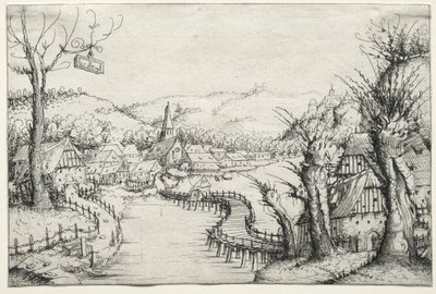 Rivierlandschap met drie kale wilgen rechts en een lange kronkelende houten brug in het midden die naar een dorp leidt door Augustin Hirschvogel