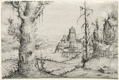 Rivierlandschap met grote boom links, 1546 door Augustin Hirschvogel
