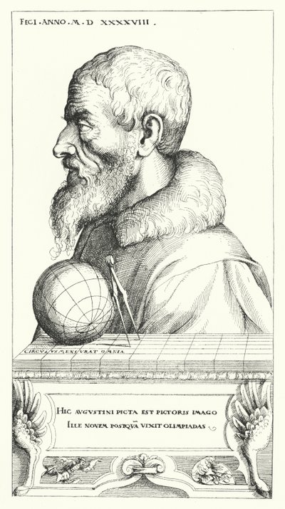 Zelfportret van Augustin Hirschvogel, Duitse kunstenaar, wiskundige en cartograaf (gravure) door Augustin Hirschvogel