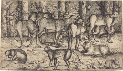 Herten in het bos door Augustin Hirschvogel