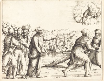 De Heer verzacht de wateren van Mara door Augustin Hirschvogel