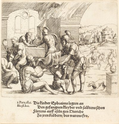 De Mannen van Efraïm Zorgen voor hun Gevangenen en Brengen Hen Terug naar Jericho, 1549 door Augustin Hirschvogel
