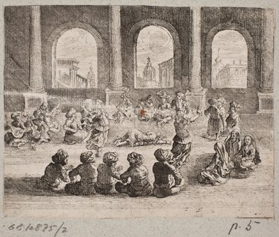 Oosters paleisinterieur met een gezelschap dat wordt vermaakt door dansers door Augustin John