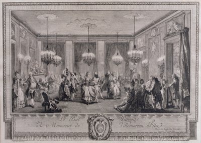 Het Avondjurkbal in het Huis van Monsieur de Villemorien Fila, gegraveerd door L. Provost door Augustin de Saint Aubin