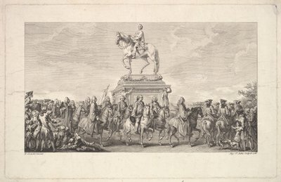 De inauguratie van het standbeeld van Lodewijk XV, vignette op pagina 1, uit Description des Trava door Augustin de Saint Aubin
