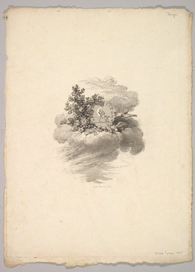 Vignet met munt op een wolk met rozen links en duiven beneden en rechts door Augustin de Saint Aubin