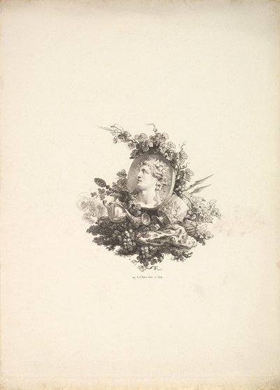 Vignet met het hoofd van Bacchus op een kornalijn, Tome I, Pagina 242, uit Beschrijving van..., 1778-80 door Augustin de Saint Aubin