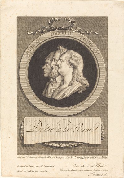 Lodewijk XVI, Hendrik IV en Lodewijk XII door Augustin de Saint Aubin after Piat Joseph Sauvage
