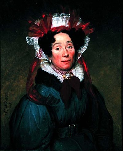 Portret van een dame met een rood-witte muts door Augustine Cochet St. Omer