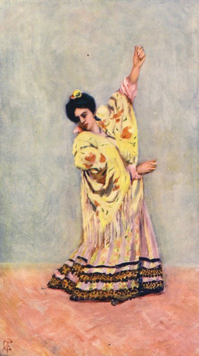 Spaanse zigeuner die de Tanga danst (kleurenlitho) door Augustine Fitzgerald