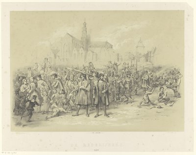 Rederijkers delen pamfletten uit door Augustinus Jacobus Bernardus Wouters