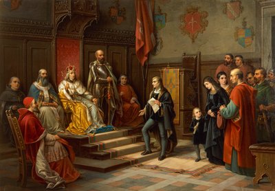 Frederik III, aangespoord om tegen de Turken op te trekken door de Triëstse dichter Raffaele Zovenzoni door Augusto Tominz