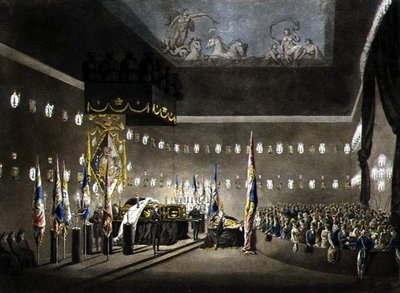 Restanten van Lord Viscount Nelson in Staat in de Painted Chamber in Greenwich Hospital, gegraveerd door J. Merigot, uitgegeven 1806 (kleurengraving) door Augustus Charles (after) Pugin