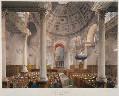 Interieur van de kerk van St. Stephen Walbrook tijdens een dienst, City of London, 1809 door Augustus Charles Pugin, Thomas Rowlandson