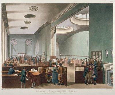 Interieur van Lloyds Abonnementsruimte in de Royal Exchange, City of London, 1809 door Augustus Charles Pugin, Thomas Rowlandson