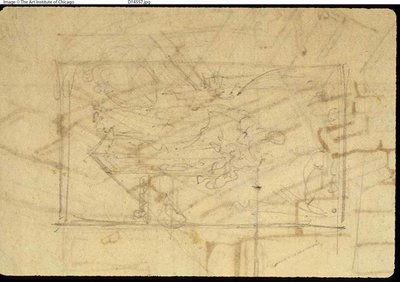 Studie voor tentoonstellingsruimte, Somerset House, uit Microcosm of London (recto); schets van een schilderij: Madonna en kind (verso) door Augustus Charles Pugin