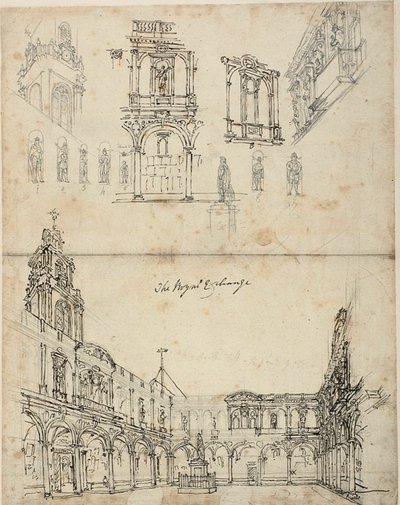 Studie voor De Koninklijke Beurs, uit Microcosm of London door Augustus Charles Pugin