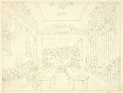 Studie voor Trinity House, uit Microcosm of London (recto); Architectonische schets van rijhuisgevels (verso) door Augustus Charles Pugin