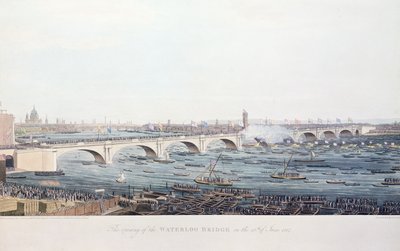 De opening van de Waterloo-brug op 18 juni 1817, geëtst door A. Pugin naar een tekening van W. Findlater, gegraveerd door R. Havell en Zoon, 1818 (kleurgravure) door Augustus Charles Pugin