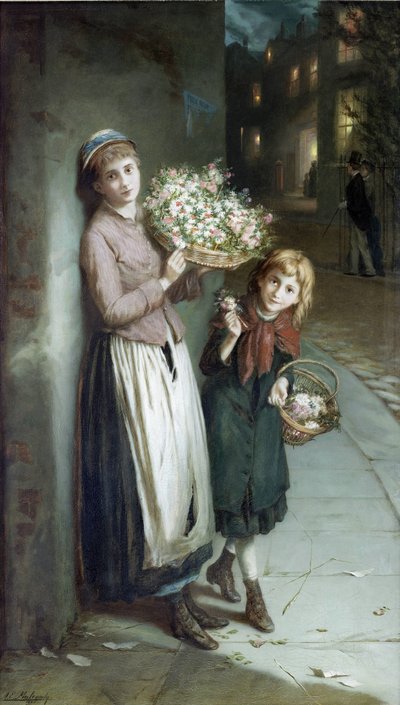 Bloemenmeisjes – een zomernacht door Augustus Edwin Mulready