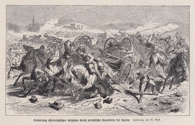 Oostenrijkse kanonnen veroverd door Pruisische cavalerie bij de Slag om Skalitz, Bohemen, Oostenrijks-Pruisische Oorlog door Augustus J. Beck