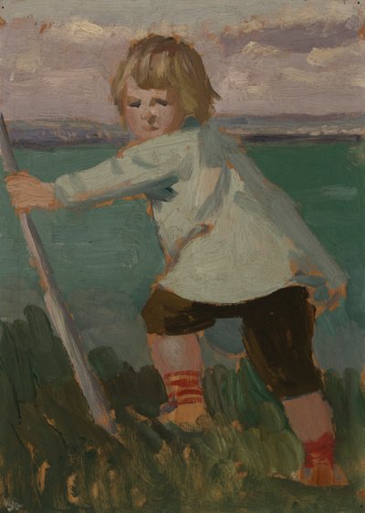Jongen op een klif leunend op een stok door Augustus John