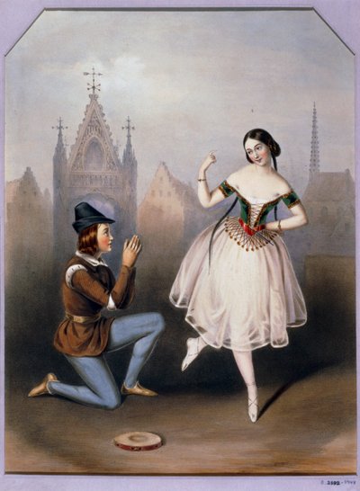 Carlotta Grisi als Esmeralda en Jules Perrot als Gringoire - La Esmeralda, ballet in 3 bedrijven ... (litho) door Augustus Jules Bouvier