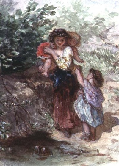 Meisje staand met een kind op haar schouders, een ander kind naast haar door Augustus Jules Bouvier