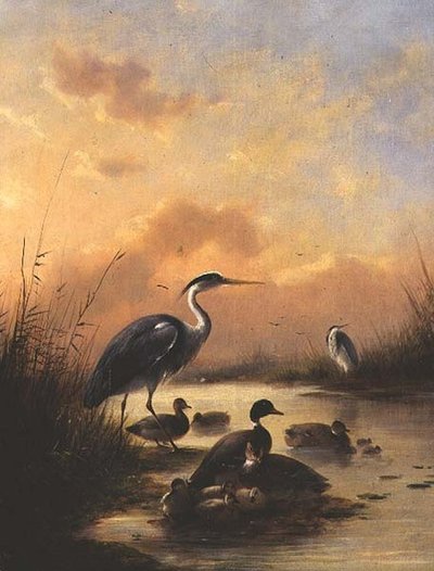 Een familie wilde eenden en twee reigers door Augustus Knip