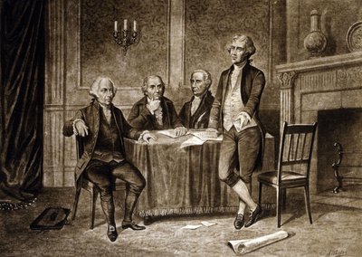 Leiders van het Continentaal Congres 1775: John Adams, Robert Morris, Alexander Hamilton, Thomas Jefferson, tekening door Augustus Tholey (1894) door Augustus Tholey