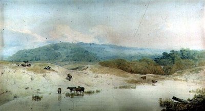 Uitzicht in Yorkshire, rivier en vee door Augustus Wall Callcott