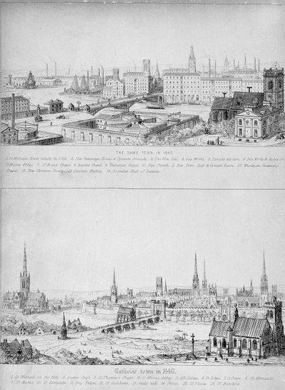 Katholieke stad in 1440 en dezelfde stad in 1840 door Augustus Welby Northmore Pugin