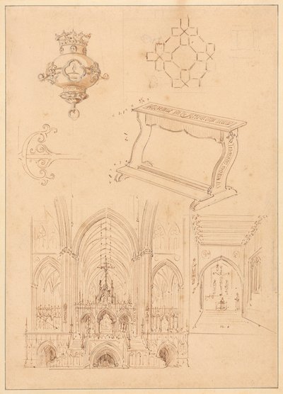 Ontwerpen voor Gotische Ornamenten, een Knieler, en Twee Schetsen van de Interieurs van Gotische Kerken door Augustus Welby Northmore Pugin