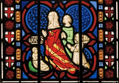 Pugins tweede vrouw Louisa met haar stiefdochter Anne en haar twee dochters Agnes & Katherine, Oostelijk Kapelvenster door Augustus Welby Northmore Pugin