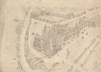 Schets van een gotische kerk en klooster door Augustus Welby Northmore Pugin