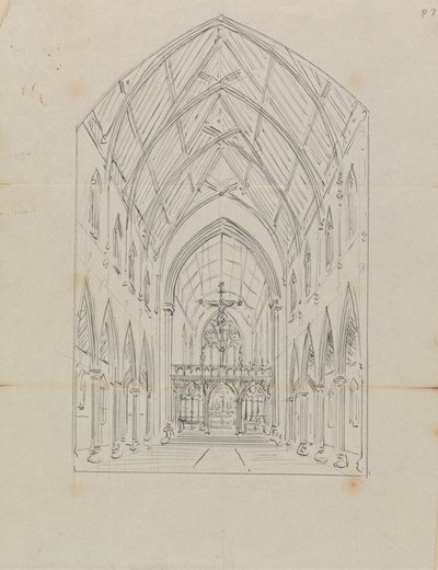Schets van het interieur van een gotische kerk door Augustus Welby Northmore Pugin