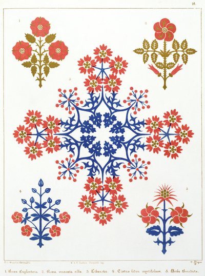 Viooltje, iris en tulp motief behangontwerp, gedrukt door M. und N. Hanhart door Augustus Welby Northmore Pugin