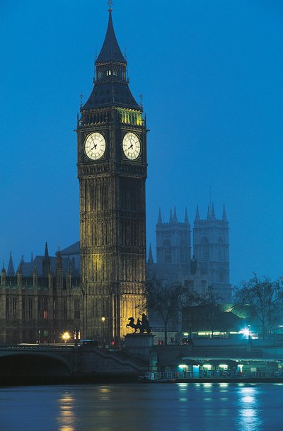 Nachtzicht op Big Ben aan de Theems, Londen, Engeland, VK door Augustus Welby Pugin