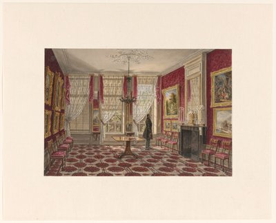 19e eeuws interieur met schilderijen en staande figuur door Augustus Wijnantz