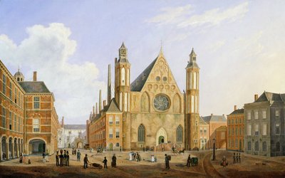 Het Binnenhof in Den Haag met een Uitzicht op de Ridderzaal met Soldaten en andere Figuren op het Binnenhof door Augustus Wynantz