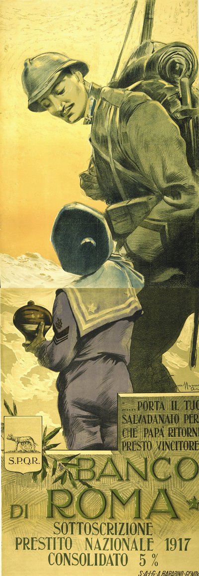 Eerste Wereldoorlog: Banco di Romano poster voor Oorlogslening. Italiaanse soldaat vertelt zijn zoon zijn spaarpot leeg te maken en Papa zal snel thuis zijn als overwinnaar. Aurelio Craffonara (1875-1945) door Aurelio Craffonara
