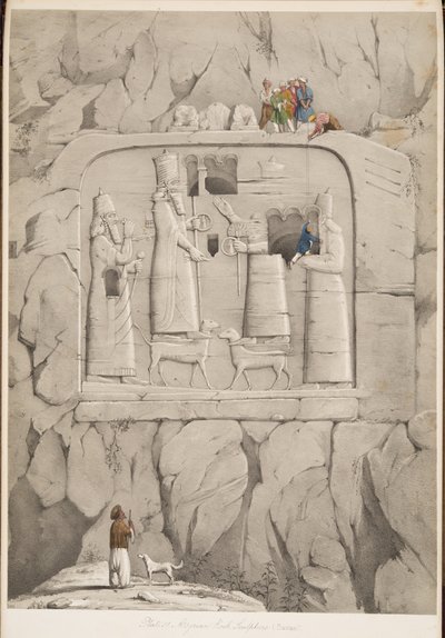 Assyrische rotsculptuur (Bavian), uit Monumenten van Nineveh, uitgegeven 1849 (gravure) door Austen Henry Layard