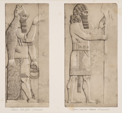 Visgod (Nimroud) en figuur bij een ingang (Kouyunjik), uit Monumenten van Nineveh, uitgegeven 1849 door Austen Henry Layard