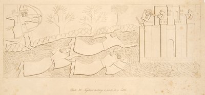 Vluchtelingen steken een rivier over naar een kasteel, uit Monumenten van Nineveh, uitgegeven 1849 door Austen Henry Layard